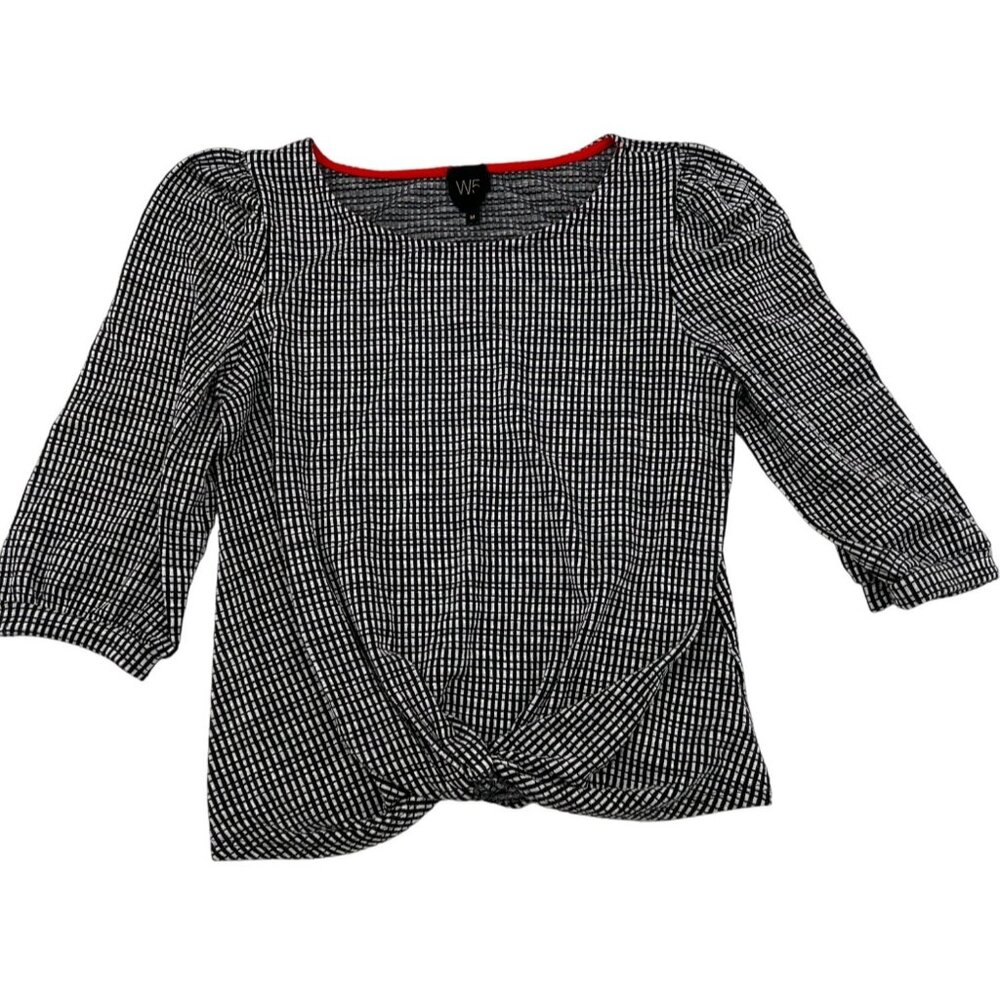 W5 Anthropologie Black & White Plaid 3/4‎ Sleeve Twist Front Womens Top M